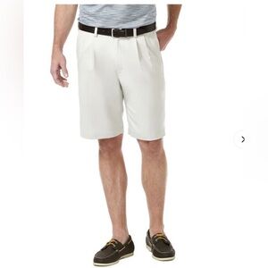 Haggar Mens Golf Bermuda Shorts 44 Beige Classic-Fit Pleated Front Performance